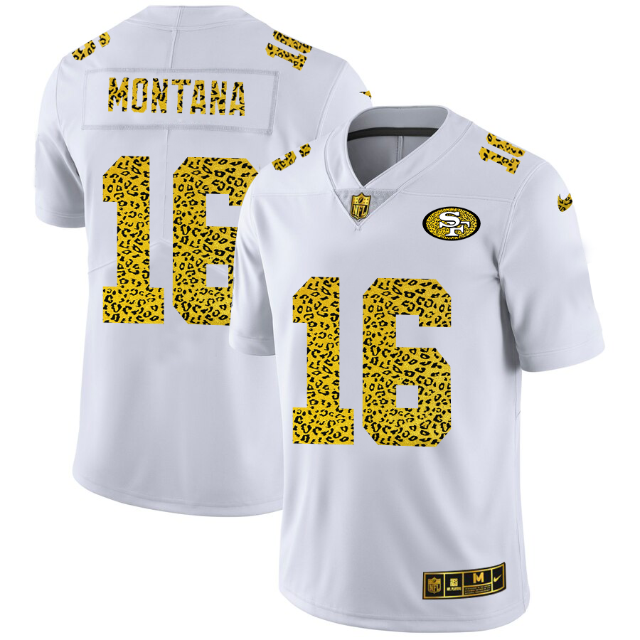 Custom San Francisco 49ers 16 Joe Montana Men Nike Flocked Leopard Print Vapor Limited NFL Jersey White